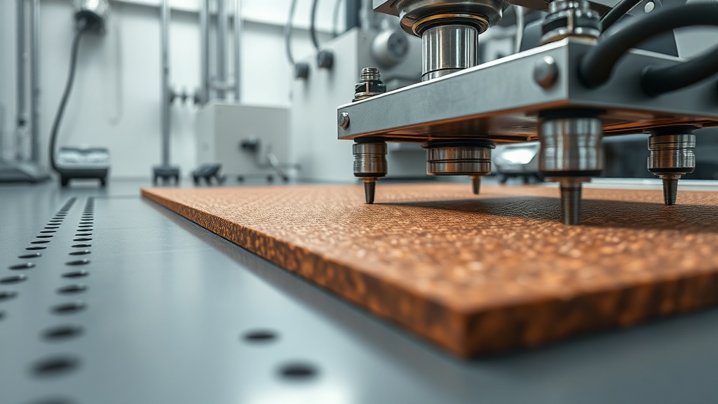 실험실에서 바닥재의 내충격성을 정밀 측정 장비로 테스트하는 장면