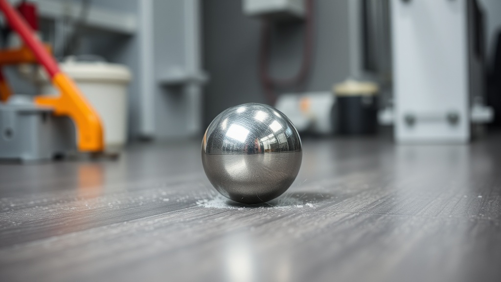 바닥재 표면의 내충격성을 확인하기 위해 무거운 쇠구슬을 떨어뜨리는 테스트 장면