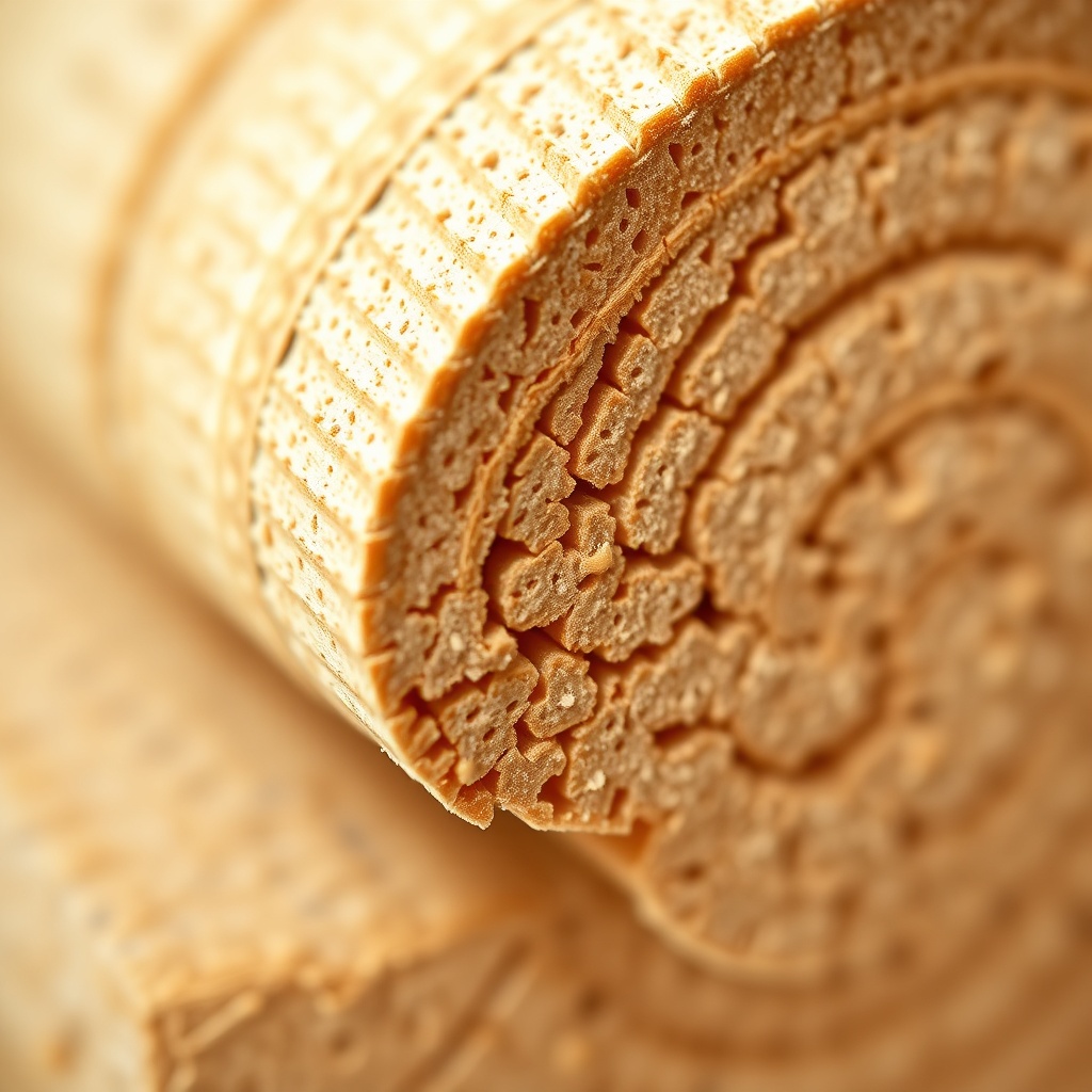 목재 섬유가 고온 고압으로 압축되어 높은 밀도를 형성한 HDF 코어 단면 구조