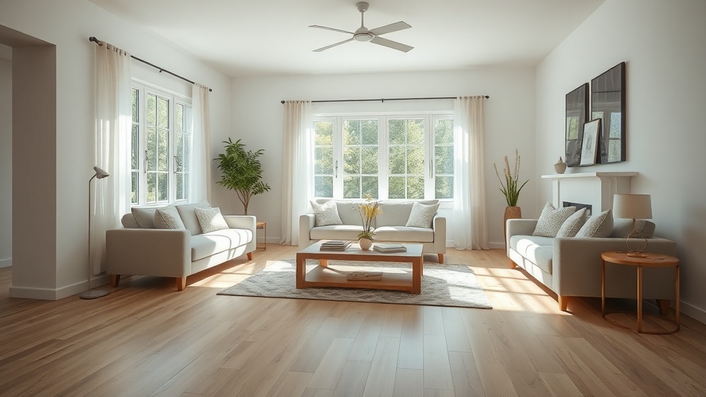 햇살이 들어오는 거실에 시공된 밝은 톤의 HDF 코어 기반 강마루 바닥재